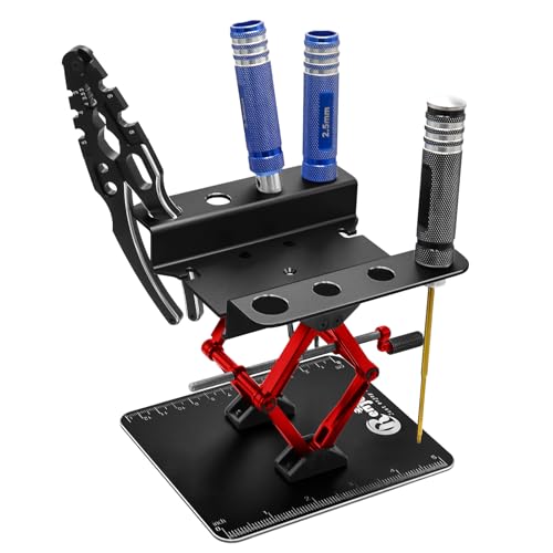RC Stand Aluminum Height Adjustable w/Screw Tray for 1/8 1/10 1/12 RC Car | RC Car Work Stand Lift Lower with Anti-Slip Dual Scale Base & Tool Holder Plate for 1/8 1/10 1/12 RC Cars Crawler, Black - color: Black