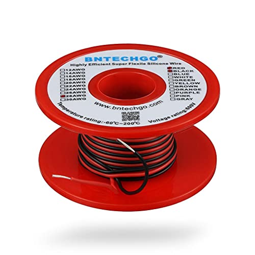 BNTECHGO 28 Gauge Silicone Wire Spool Red and Black Each 50ft 2 Separate Wires Flexible 28 AWG Stranded Tinned Copper Wire | Flexible 28 AWG Stranded Tinned Copper Wire Silicone Rubber Insulation For RC Models, Drone, Robot, EV Charger, 3D Printer - size: