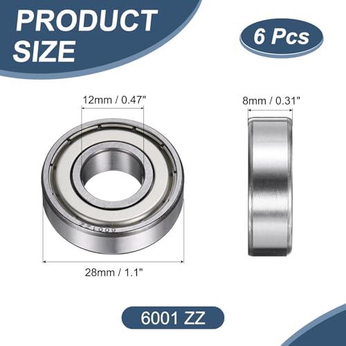 uxcell 6 Pack 6001 ZZ Deep Groove Ball Bearings, 12x28x8mm Chrome Steel Double Shield Bearing for Electric Motor, Home Appliances, Garden Machinery, (ABEC5) - size: 6001 ZZ