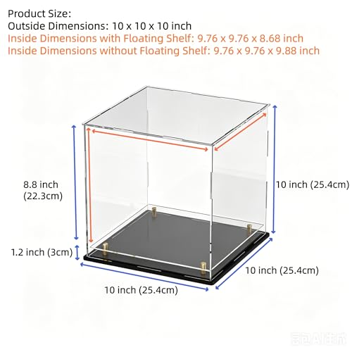 Acrylic Display Case with Raised Shelf, Clear Display Box with Black Base & Gold Standoffs, Dustproof Showcase for Collectibles, Figures, Model Cars – Easy Assembly (10×10×10 Inch) - size: 10"L x 10"W x 10"H