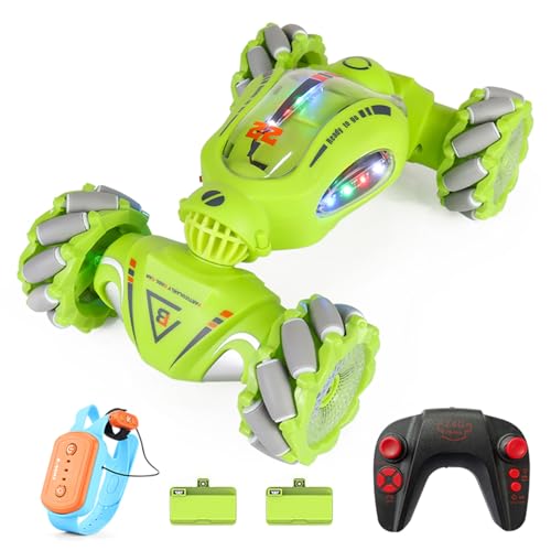 HUIOP Stunt Car 2.4GHz Car Spray Car with Function Lateral Movement,Breathing Light,Deformation,Double-Sided Driving,Wrist Watch-Dual - color: Green, size: 2 battery