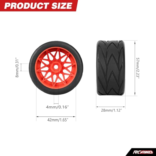 RCAWD for Losi 1/12 RC Racecar On-Road Car Pre-Glued Wheel Tire Sets, Balance Grip & Durability Nylon Rubber 8mm Hex Adapter 4mm Tires Upgrades Parts All Terrain Adaptation 4pcs Red - color: Red