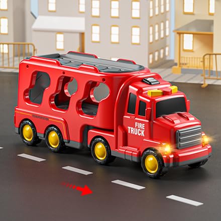 JUKUDAHU Fire Truck Toys for Kids Ages 3-5 - Carrier Vehicle Toy Set | Car Toys for Boys Ages 3+, Fire Toys, Kids Toys Truck Set for Ages 3-9, Birthday Gifts for Boys Girls - style: 5 IN 1 Fire Truck