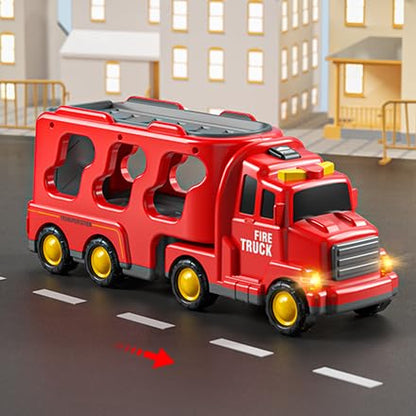JUKUDAHU Fire Truck Toys for Kids Ages 3-5 - Carrier Vehicle Toy Set | Car Toys for Boys Ages 3+, Fire Toys, Kids Toys Truck Set for Ages 3-9, Birthday Gifts for Boys Girls - style: 5 IN 1 Fire Truck