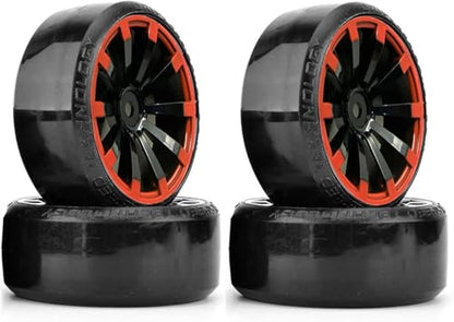 Hard Plastic 63mm Drift Car Tyres 12mm Wheels for 1/10th Scale HSP Tamiya HPI Kyosho TT02 Road Drift Car Hard Tyre Replacement, Set of 4 (Black/Red) - color: Black/Red