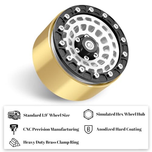 OGRC Brass Aluminum 1.9 Beadlock Wheels 167g Wheel Rims for SCX10 TRX4 | 668g Total Weights, 12mm Hex, for Gen7 Gen8 D90 VS4-10 1/10 RC Carwler, Silver - color: Silver