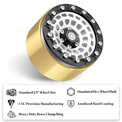 OGRC Brass Aluminum 1.9 Beadlock Wheels 167g Wheel Rims for SCX10 TRX4 | 668g Total Weights, 12mm Hex, for Gen7 Gen8 D90 VS4-10 1/10 RC Carwler, Silver - color: Silver
