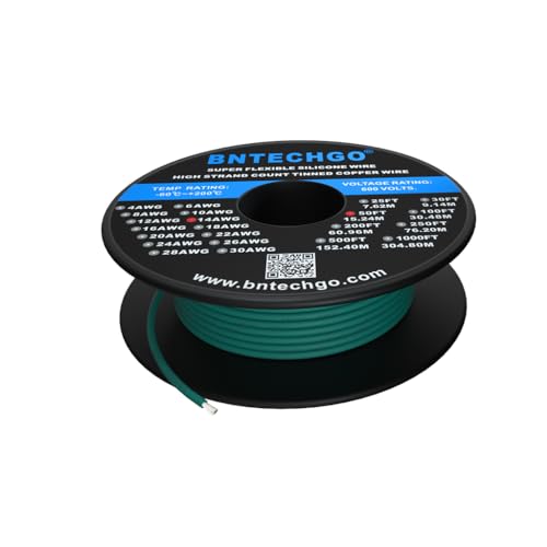 BNTECHGO 14 Gauge Silicone Wire Spool 50 ft Green Flexible 14 AWG Stranded Tinned Copper Wire | Flexible 14 AWG Stranded Wire Silicone Rubber Insulation For RC Models, Drone, Robot, Battery, EV Charger, 3D Printer, DIY - color: Green, size: silicone wire