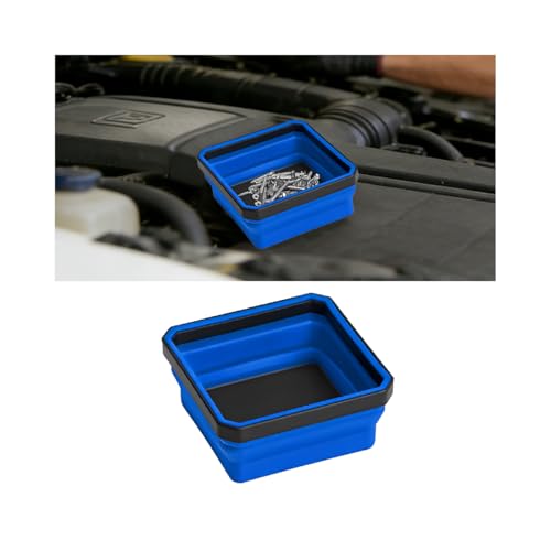 Car Collapsible Magnetic Parts Tray, Foldable Silicone Magnetic Vehicle Tool Tray Organizer for Bolts Screws Nuts, Square Automotive Washers Pins Magnet Bowl, Universal Fit (Blue) - color: Blue