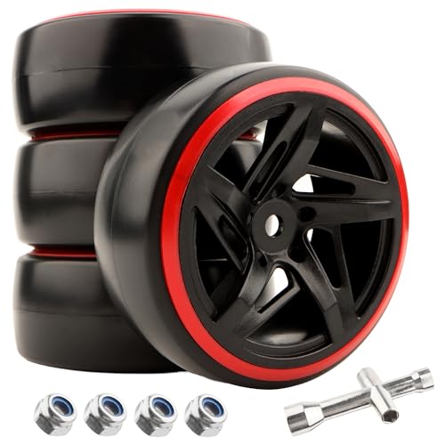 OD62mm 1/10 Hard Plastic RC Drift Car Tires & Wheel Rims 12mm Hex Tyre Compatible with Traxxas 4Tec HSP Tamiya TT01 XV01 HPI Kyosho 1/10 Scale Drift Drifting RC Cars - color: Red