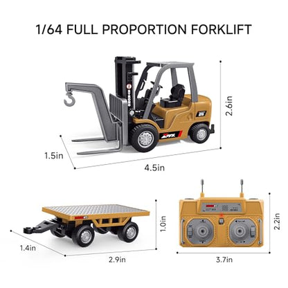 1/64 Full Proportional RC Forklift Toy,8 Channel 2 Mode Mini Remote Control Forklift Truck with Flatbed Tow Truck,2 in 1 Transformable Lift Fork & Hook with Rechargeable Battery for 4+ Kids - style: Full Proportion Forklift