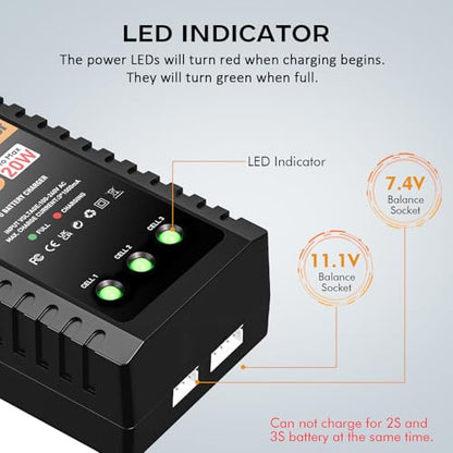 LiPo Charger for 2S-3S(7.4-11.1V) LiPo Battery of RC Toy & Model(Yellow) | LiPo Balance Charger Compact and Light, RC LiPo Battery Chargers with Smart Chip, Extend Battery Life - color: Yellow