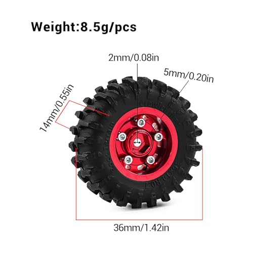0.7" Aluminum Beadlock Wheels and Tires Set for 1/30 Axial SCX30 RC Crawler – Upgrade Parts (Red-299) - color: Red-299