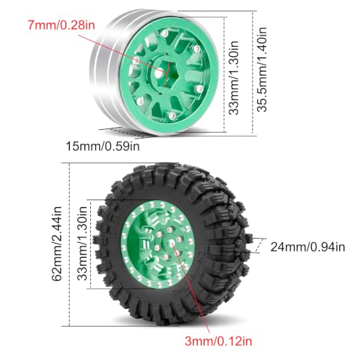 OGRC 1.3" Aluminum Wheels and All Terrain Tires for 1/18 1/24 RC Upgrade | 7mm Hex, Super Soft Compound Tires, for TRX4M SCX24 RC Carwler Car, Green - color: Green