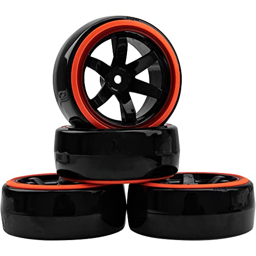 1/10 RC Drift Car Tires Hard Plastic Tyre & 12mm Hex Hub Wheel Rims 6 Spoke Compatible with Traxxas HSP Tamiya Kyosho HPI Redcat Racing MST 1/10 On-Road RC Drift Drifting Car (Red1) - color: Red1