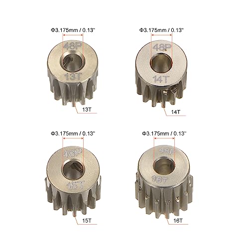 HARFINGTON 48P Hardened Pinion Motor Gear Set 4pcs 13T 14T 15T 16T Fit 1/8 inch RC Motor Shaft 48 Pitch 7075 Aluminum Gears for RC Car, with Hex Key - style: 13T 14T 15T 16T