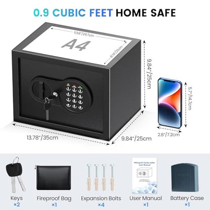 9.84'' Tall Small Safe Box, Home Safes with Removable Shelf | Fireproof Bag, Keys & Pass Code,Mini Fireproof Security Safe with Smart Alert and Wall Mount Kits for Money,Jewelry,Documents - size: 0.9 Cubic Feet