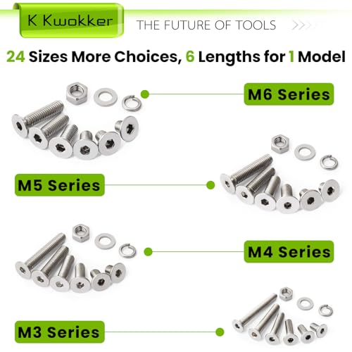 M3 M4 M5 M6 Nuts and Bolts Assortment Kit, Hex Socket Flat Head 24 Sizes 6mm to 25mm Metric Bolt Assortment, 304 Stainless Steel Machine Screws, Bolts and Nuts Kit w/Washers, Silver 1485Pcs - size: G. M3 M4 M5 M6