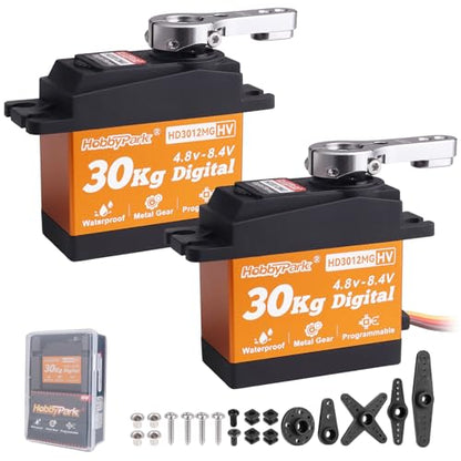 HobbyPark Pack of 2 Waterproof 30kg Servo High Torque RC Steering Servo Metal Gear All Stainless Steel for 1/12 1/8 1/10 RC Car Crawler Truck Buggy Robotics 5V-8.4V High Volt, Control Angle 180°