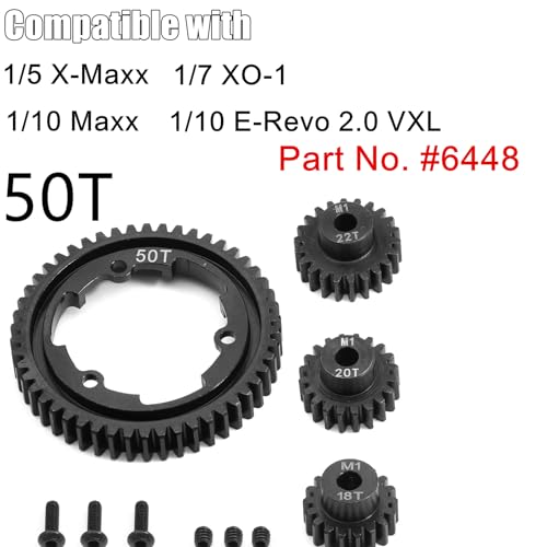 Hardened Steel 50T 1 Mod Spur Gear with 18T 20T 22T Motor Pinion Gear for 1/5 X-Maxx 1/7 XO-1 1/10 Maxx/E-Revo 2.0 VXL Upgrade Part, Replace of #6448 - size: 50T