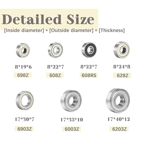 Dianrui 608RS/ 608ZZ/ 698ZZ/ 628ZZ/ 6903ZZ/ 6003ZZ/ 6203ZZ - 44 PCS Ball Bearings Assortment Kit, Carbon Steel Deep Groove Bearing for Furniture Wheel, Roller Skates, 3D Printing and ect—7 Size - size: Assorted kit