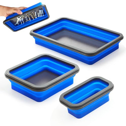 Collapsible Magnetic Parts Tray Set Foldable Magnetic Tray 3 Different Size Silicone Tool Trays for Screw, Bolts,Nuts,with Magnetic Base Stores and Organizes Small Parts and Tools | Magnetic Tray with Magnetic Base 3 Different Size Silicone Tool Trays for