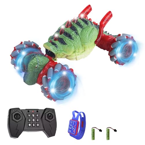 RC Stunt Car, Dinosaur Remote Control Car, 2.4GHz 4WD Gesture Sensing RC Cars with 360° Rotating, Lights and Music, 2 Batteries, Birthday Gifts (Red), HG4-44