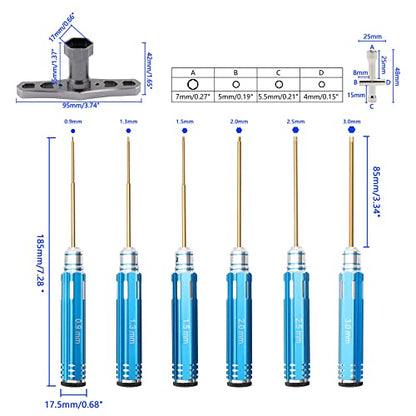 8pcs RC Hex Screw Driver Set & Cross Wrench & 17mm Nut Driver, 0.9mm 1.3mm 1.5mm 2.0mm 2.5mm 3.0mm Titanium Hexagon Screwdrivers Tool for RC Car Quadcopter Multi-Axis FPV Racing Drone, Blue