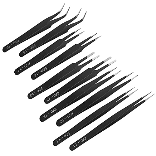 10PCS Precision Tweezers Set Anti-Static Industrial Tweezers Set Stainless Steel Tweezers Kit for Electronics Lab Jewelry and Craft Making（Black） - size: 10Pack