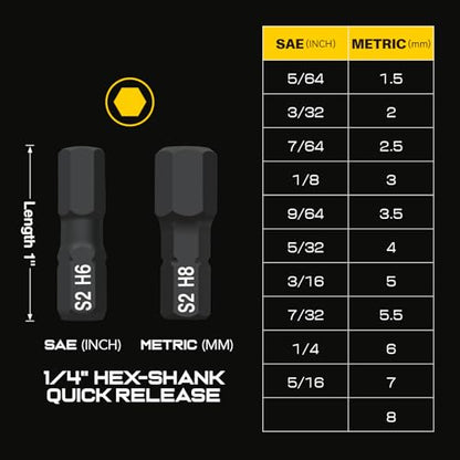 GRENPRO 27Pcs Impact Hex Bit Set, Metric & SAE | 1/4" Hex Magnetic Bits, S2 CNC Screwdriver Bit Set, Allen Wrenches Sets, Magnetic Allen Key Drill Bits Automotive Home - size: 1" 27pcs(Metric&SAE)