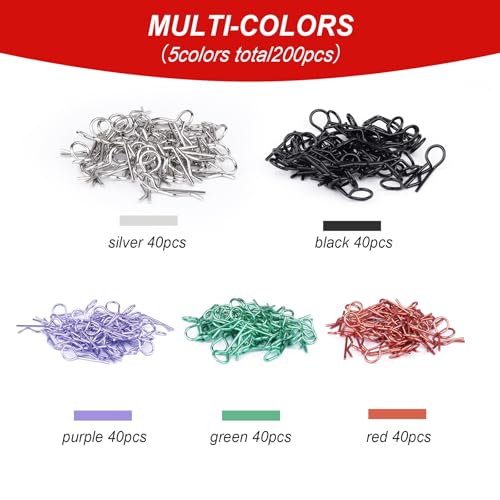 200 PCS Universal Bent RC Body Clips Colorful R Clips for All 1/10-1/16 Scale for Traxxas Redcat HPI Tamiya HSP Exceed RC Car Parts Crawler Truck Buggy Shell Replacement, 1.2 mm Rod