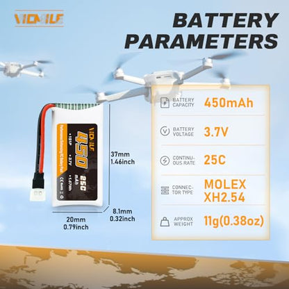 3.7V Lipo Battery 450mAh High Capacity 25C RC Molex Drone Battery with 5-in-1 Charger for SYMA Q11 AT-96 TR-C385 TR-P51 TR-F22 H99W H31 H6C H98 Holy Stone HS170G HS170 HS170C HS230 Quadcopter