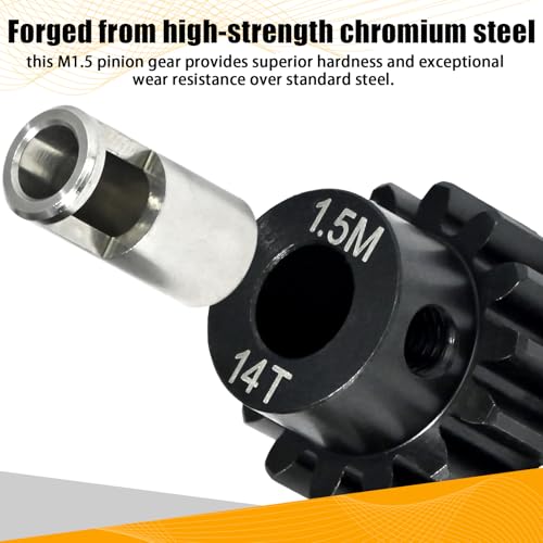 M1.5 14T Pinion Gear 8mm Bore with 8mm to 5mm Shaft Adapter Sleeve, Chromium Steel Motor Gear with Set Screw & Hex Key for Traxxas ARRMA Losi 1/5 1/8 RC Cars - size: 14T