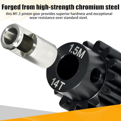 M1.5 14T Pinion Gear 8mm Bore with 8mm to 5mm Shaft Adapter Sleeve, Chromium Steel Motor Gear with Set Screw & Hex Key for Traxxas ARRMA Losi 1/5 1/8 RC Cars - size: 14T