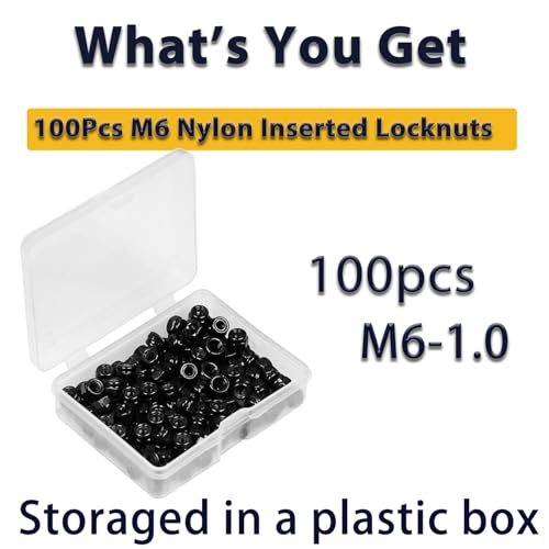 M6 Locknuts Nylon Inserted Hex Lock Nuts for Patio Furniture M6 Bolts | 100pcs Metric Self-Lock Nylon Insert M6x1mm Carbon Steel Self Locking 10mm Hex Nut Driver Nut - size: M6 (100PCS)