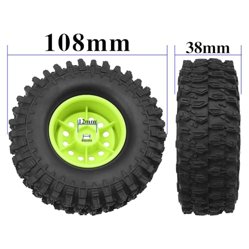 RC 1/10 1.9" Rubber Tires OD 108mm & 12mm Hex Hub Wheel Rims Compatible with Axial SCX10 90046 AXI03007 Traxxas TRX4 Tamiya CC01 D90 TF2 HSP 1/10 RC Crawler Car (Green) - color: Green