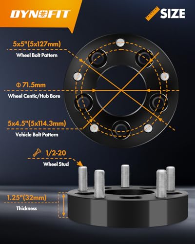Dynofit 1Pc 5x4.5 to 5x5 Wheel Adapters for Je/ep Spare Tire Jk Wk Wj Xk Wheels on Tj Yj Kk Xj Mj Kj Zj, 5x114.3mm to 5x127mm 1.25" Forged Conversion Wheel Spacers 1/2" Thread Adapter