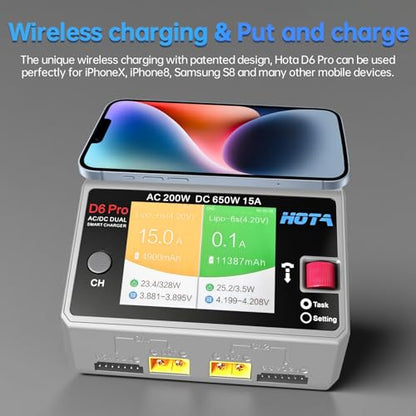 HOTA D6 Pro Lipo Battery Charger Dual Channel Smart Charger AC200W DC650W 15A for LiHv Nicd NiMH Lipo RC Battery Charger with Balance Phone Wireless Charging RC Car RC Boat FPV Race Drone Parts (Gray)