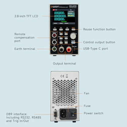 OWON Programmable DC Electronic Load OEL6030, DC 600V 30A Maximum 300W, USB/RS232, CV CC CR CP 4 Operation Modes, 5kHz Dynamic, Lab Bench Power Tester with 2.8” TFT Color LCD Display - size: OWON-OEL6030