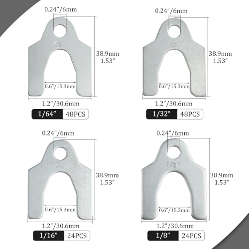 144pcs Auto Alignment Body Shim Assortment Kit 1/16" 1/64" 1/32" 1/8" Universal Car Metal Alignment Shim Spacers for Adjusting Body Parts Camber Caster