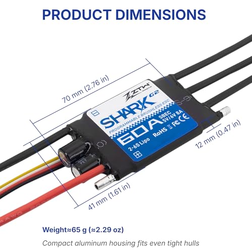ZTW Shark G2 60A ESC 2-6S Built-in Swithcing BEC 5V/6V 8A Water-Cooling Bidirectional Waterproof Brushless Speed Controller for RC Boat Marine - size: 60A