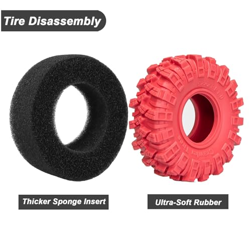 1.0 Tires RC Crawler Tires 62 * 21mm Super Soft Sticky 1.0 Crawler Tyre with Foam Insert for 1/18 TRX4M 1/24 SCX24 FCX24 Upgrade (4PCS) (Red) - color: Red