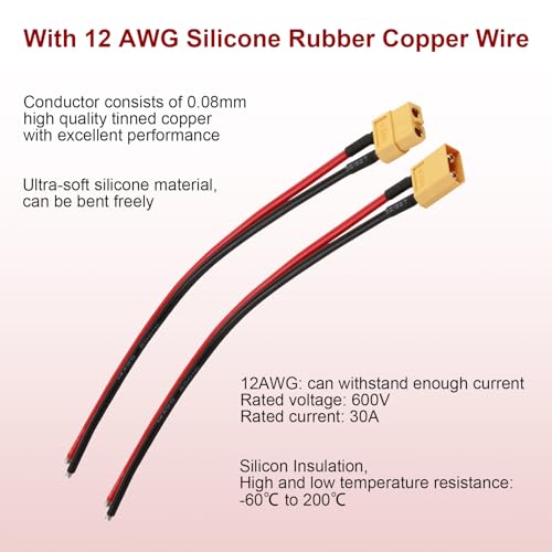 XT60 Connector Plug Cable with Plug and Socket Pigtail Leads (6 Pcs) | XT 60 Connector Adapter with 12AWG 100 mm Ultra‑Flexible Silicone Wire, Suitable for RC LiPo Battery Drone, Car, Boat - color: 12 Awg