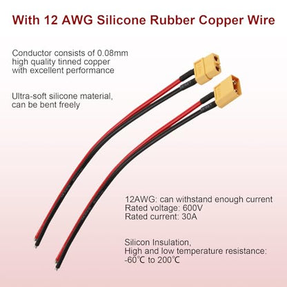 XT60 Connector Plug Cable with Plug and Socket Pigtail Leads (6 Pcs) | XT 60 Connector Adapter with 12AWG 100 mm Ultra‑Flexible Silicone Wire, Suitable for RC LiPo Battery Drone, Car, Boat - color: 12 Awg