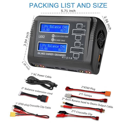 LiPo Battery Charger Dual 10A RC Fast Balance Battery Charger Discharger | RC Car Drone Chargers for 1S-6S LiPo Li-ion Life LiHV 1S-15S NiCd NiMH 2-20V PB Smart Batteries