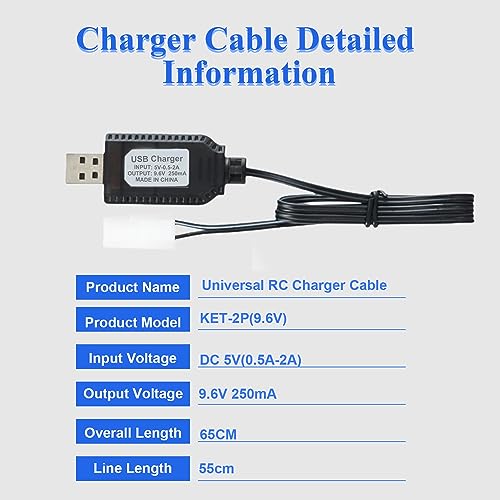 Fielect 2 Pcs 9.6V USB Charger Cable KET-2P 250MA Output Ni-Cd Ni-Mh Battery Pack for RC Excavator RC Cars