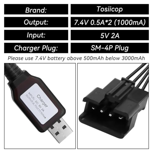 7.4V Lipo Battery Charger - SM-4P Cable RC Toy Remote Control Car Vehicle Rechargeable Li-ion Batteries Chargers USB for Bunch Bubble Gun Stunt Truck Boat 3 Pack
