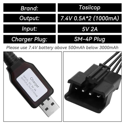 7.4V Lipo Battery Charger - SM-4P Cable RC Toy Remote Control Car Vehicle Rechargeable Li-ion Batteries Chargers USB for Bunch Bubble Gun Stunt Truck Boat 3 Pack