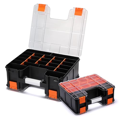 Double Side Tool Box, Multi-Function Storage Toolbox Organizer, 8 Movable Small Trays & Removable Dividers, Transparent Cover Plate, Toolbox For Hobby & Craft Use (15.16"L*12.8"W*6.3"H)