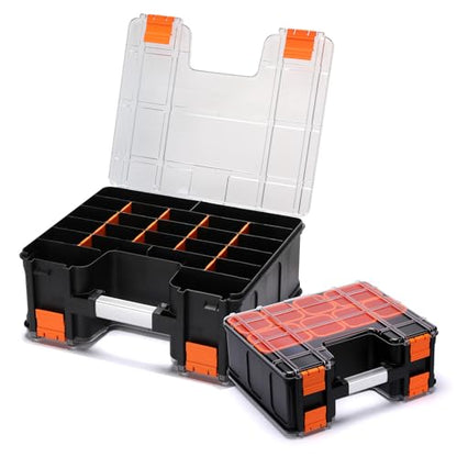 Double Side Tool Box, Multi-Function Storage Toolbox Organizer, 8 Movable Small Trays & Removable Dividers, Transparent Cover Plate, Toolbox For Hobby & Craft Use (15.16"L*12.8"W*6.3"H)